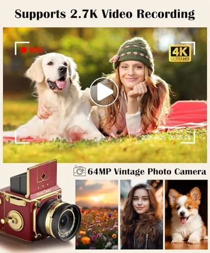 The vintage camera box contents including the camera, screen, card, and charging cable