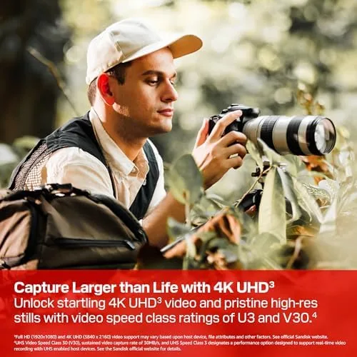 Close up of the card label showing the U3 and V30 ratings