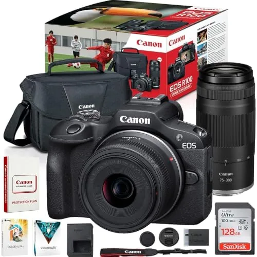 The Canon EOS R100 mirrorless camera with the RF-S 18-45mm lens attached