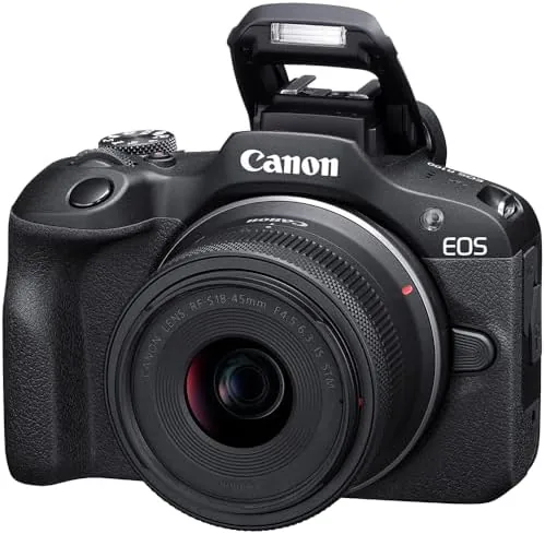 The RF-S 18-45mm and RF 75-300mm lenses side by side with the R100 body
