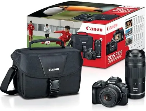 The Canon R100 bundle compared with an entry DSLR for a size comparison