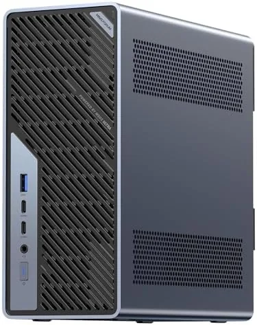 The MINISFORUM MS-02 Ultra mini PC on a desk next to a monitor