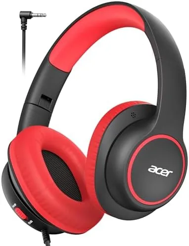Acer OHW328 kids headphones in black and red folded flat on a desk