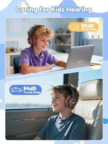 Child wearing the Acer OHW328 headphones while using a Chromebook in class