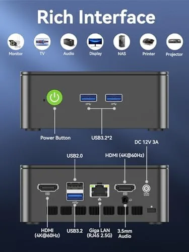 GMKtec G3S mini PC shown next to a full desktop tower for scale