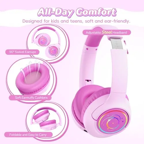 Another view of the Kids Bluetooth Headphones, 85H Playtime for Toddler, Fuscia Pink with