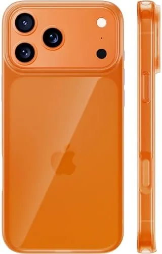 The TORRAS crystal orange case on an iPhone 17 Pro held in a hand