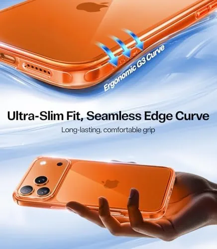 The iPhone 17 Pro in the orange case sitting on a dark car seat