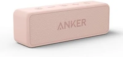 The Anker Soundcore 2 pink speaker on a kitchen counter