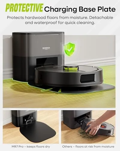 The robot mopping a hardwood floor with the water tank attached