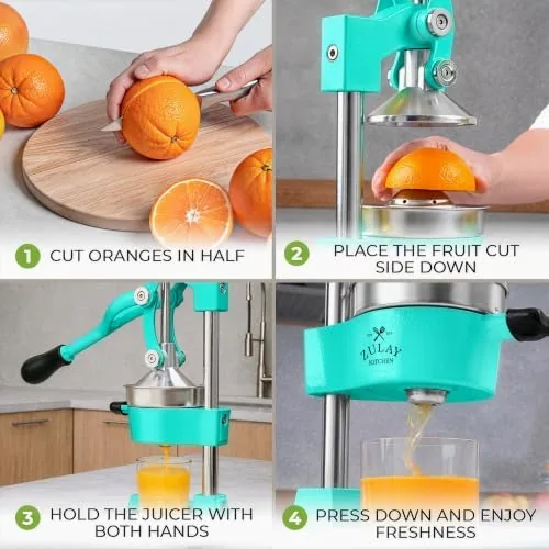 A pitcher of fresh orange juice next to the cleaned cast iron press