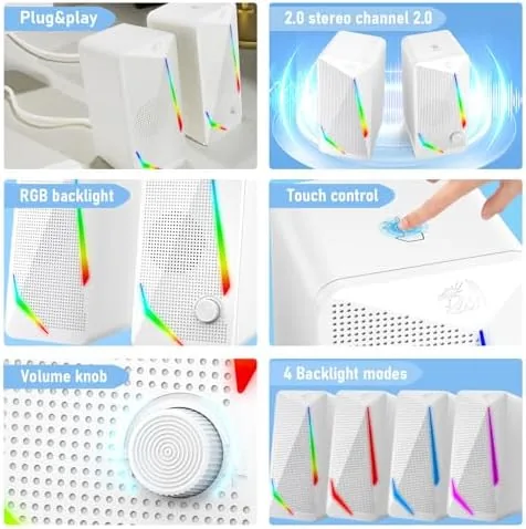 Detail shot of the Redragon GS510 RGB Wired Desktop Speakers, 2.0 Channel Stereo Sound features