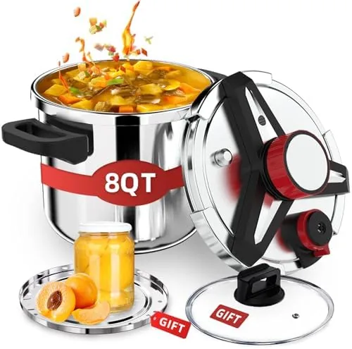 The 8 quart stainless steel pressure cooker on a kitchen cooktop