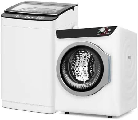 The portable washer and dryer combo set set up side by side in an apartment