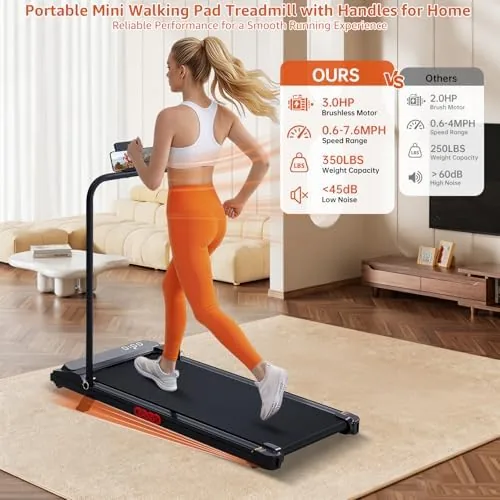 Walking pad tucked under a standing desk with a laptop setup above