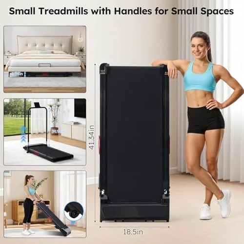 Walking pad folded flat and wheeled under a couch for storage