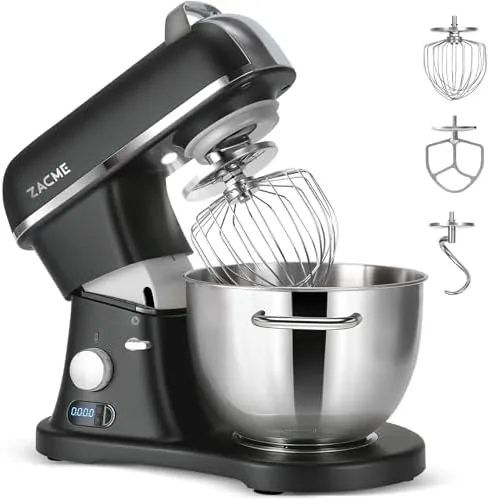 The commercial stand mixer with the stainless bowl fitted on a kitchen counter