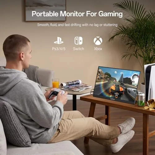 The monitor displaying a fast paced racing game with smooth motion