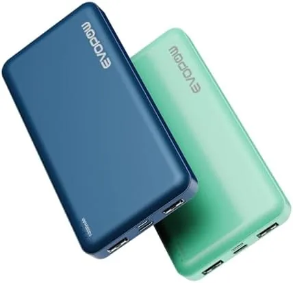 The blue and green slim power banks side by side on a desk showing their thin profile