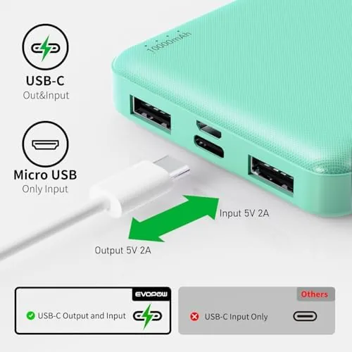The blue power bank charging a phone on a tray table during a flight