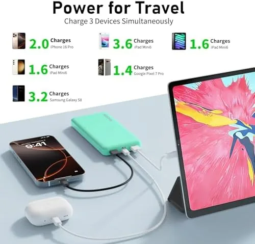 The two slim power banks beside a single large 20000mAh brick and a tiny pocket charger
