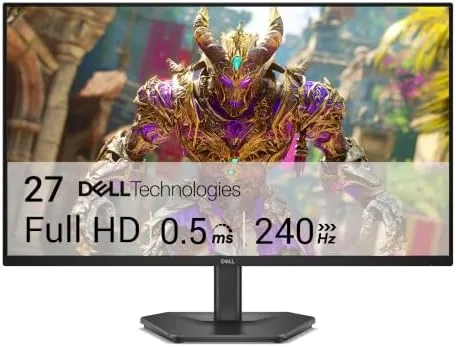 The Dell SE2726HG monitor on its stand showing a fast paced game on screen