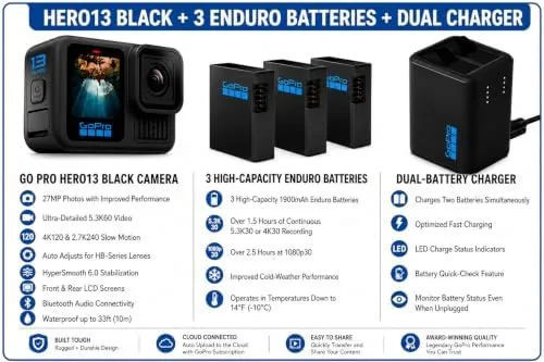 Detail shot of the GoPro HERO13 Black Action Camera with 3 Enduro Batteries, Dual features