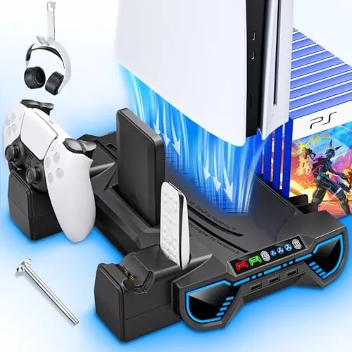 PS5 cooling station standing vertical with the console docked and a controller charging