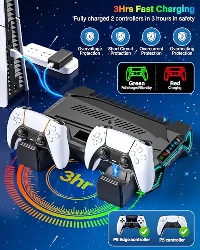 Two DualSense controllers docked on the charging station with red charging LEDs