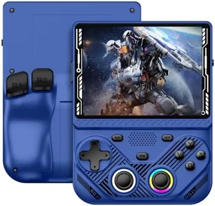 The RG43V Pro retro handheld in blue showing a classic game on its 4.3 inch screen