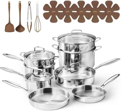 The CAROTE 21-piece stainless steel cookware set displayed on a kitchen counter