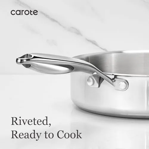The CAROTE stainless steel set next to a ceramic nonstick cookware set