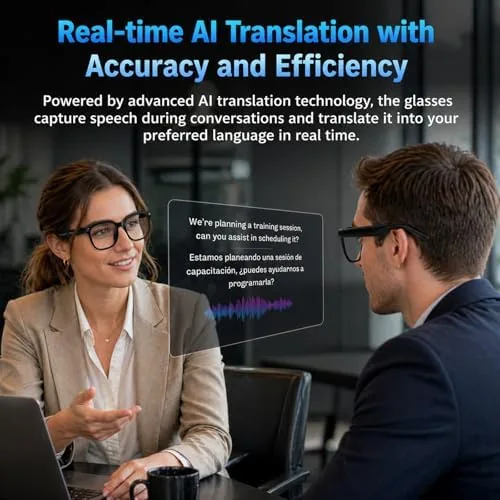 The smart glasses in use while walking through a city with translation active