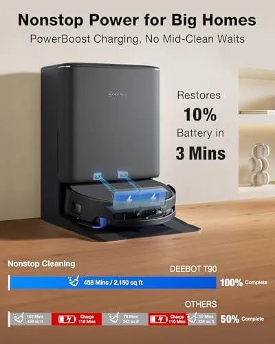 Three robot vacuums side by side showing the ECOVACS against two rival flagships