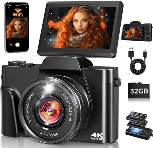 The black 4K digital camera with its 180 degree flip screen opened for a selfie angle
