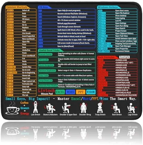 Overview of the Mouse Pad with Excel/Word/PPT/Windows Keyboard Shortcuts Cheat Sheet ,  11.8"x9.8"
