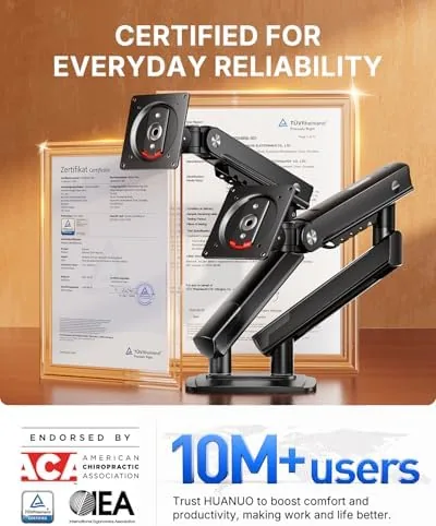 Another view of the HUANUO FlowLift Pro Dual Monitor Mount for 13, 27" Screens, MechaSpring