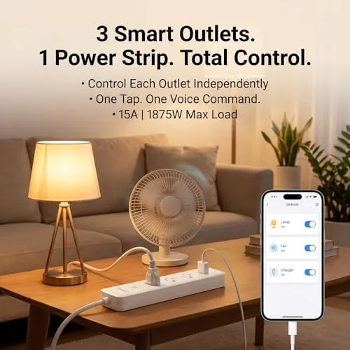 Detail shot of the LINKVOLT Smart Power Strip WiFi Surge Protector Alexa Google Home features
