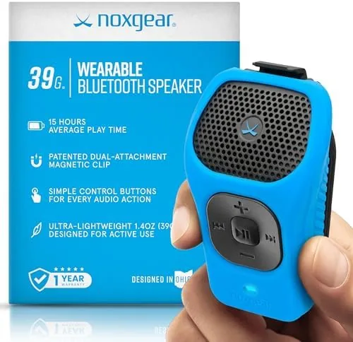Overview of the noxgear 39g Wearable Bluetooth Speaker, Mini Clip-On, Bright Blue |