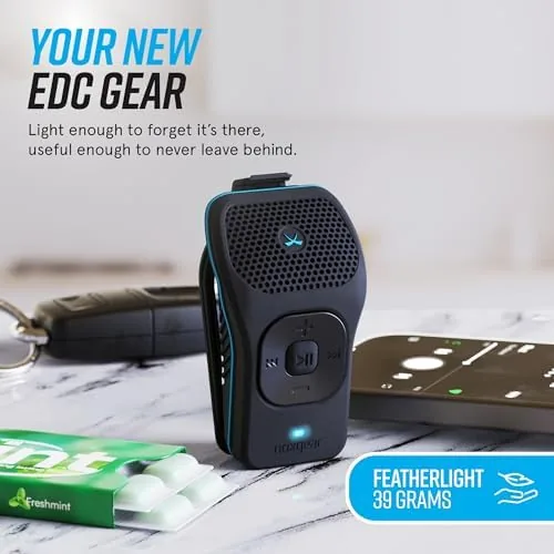 The noxgear 39g Wearable Bluetooth Speaker, Mini Clip-On, Bright Blue | in real use