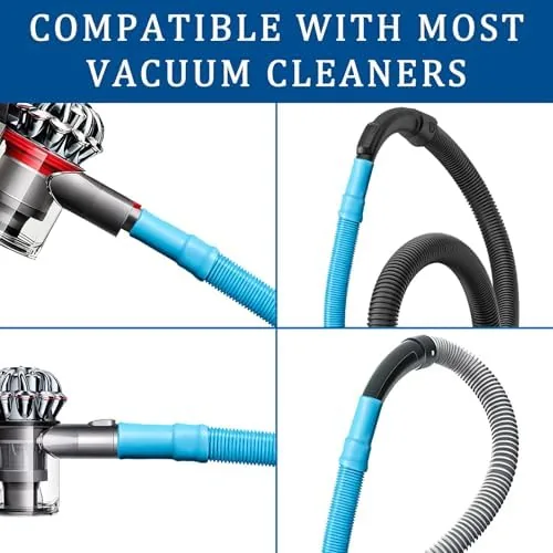 The brush head entering a dryer vent hose while the vacuum hose pulls lint
