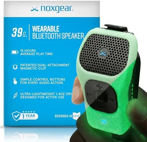 Overview of the noxgear 39g Wearable Bluetooth Speaker, Mini Clip-On, Glow | Small