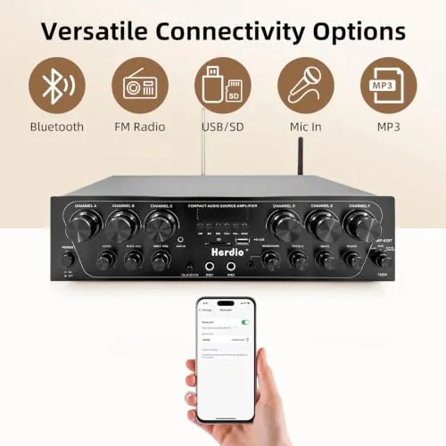 Close look at the Herdio Bluetooth 5.3 Home Audio Amplifier - 6 Channel 750W build quality