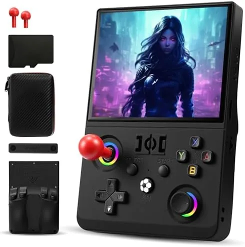The R36MAX II retro handheld in black with the detachable joystick attached
