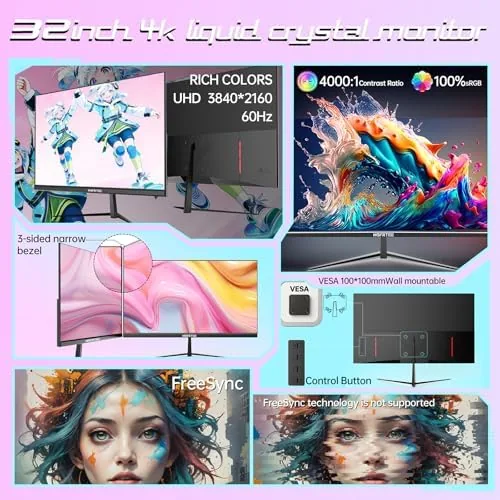 Close look at the 32 Inch 4K UHD Monitor, Computer Monitor, 4000:1 Contrast Display build quality
