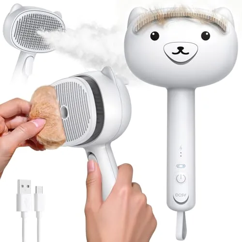 White self cleaning steam cat brush with the silicone scraper beside it