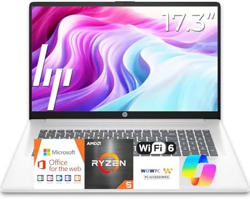 HP 17 inch business laptop open on a desk