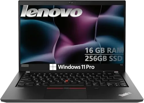The Lenovo ThinkPad T14 open on a desk in an office setting