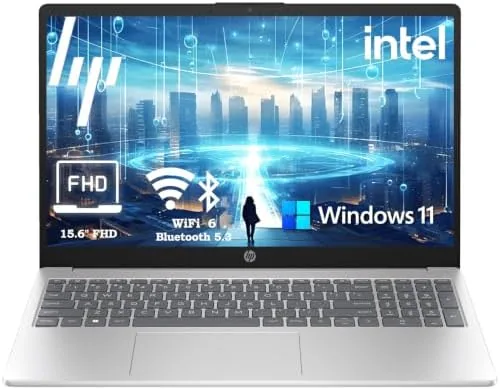HP Essential 15.6 inch laptop open on a student desk