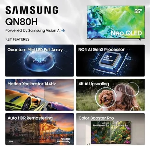 The QN80H 55-inch displaying a bright HDR landscape scene